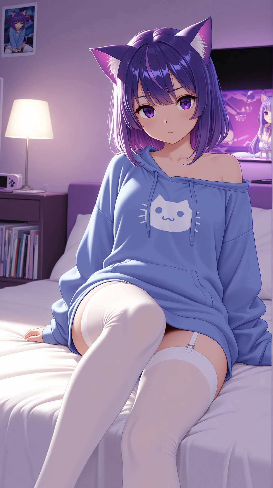 cute kpop girl, pee , bed, window, long hair, bangs, blue eyes, hoodie, primary colors, pastel colors, bright colors