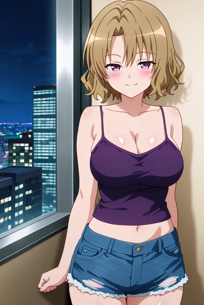 masterpiece, best quality, highres, Cha Hae-In 차해인 | Solo Leveling 나 혼자만 레벨업, blonde hair, long hair, large breasts, jacket, crop top, bare shoulder, show stomach, belt, pleated skirt, cowboy shot, standing, looking at viewer, city road, outdoor, modern city road, blush, shy, smile, show teeth, stocking,