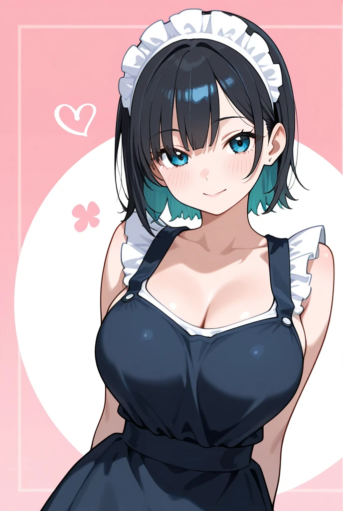 Girl, short black hair, circle above her head, light blue eyes, melting smile, large breasts exposed from the top, tight red shirt with short sleeves, neck exposed to the chest, sexy, maid clothes, devil tail, hearts