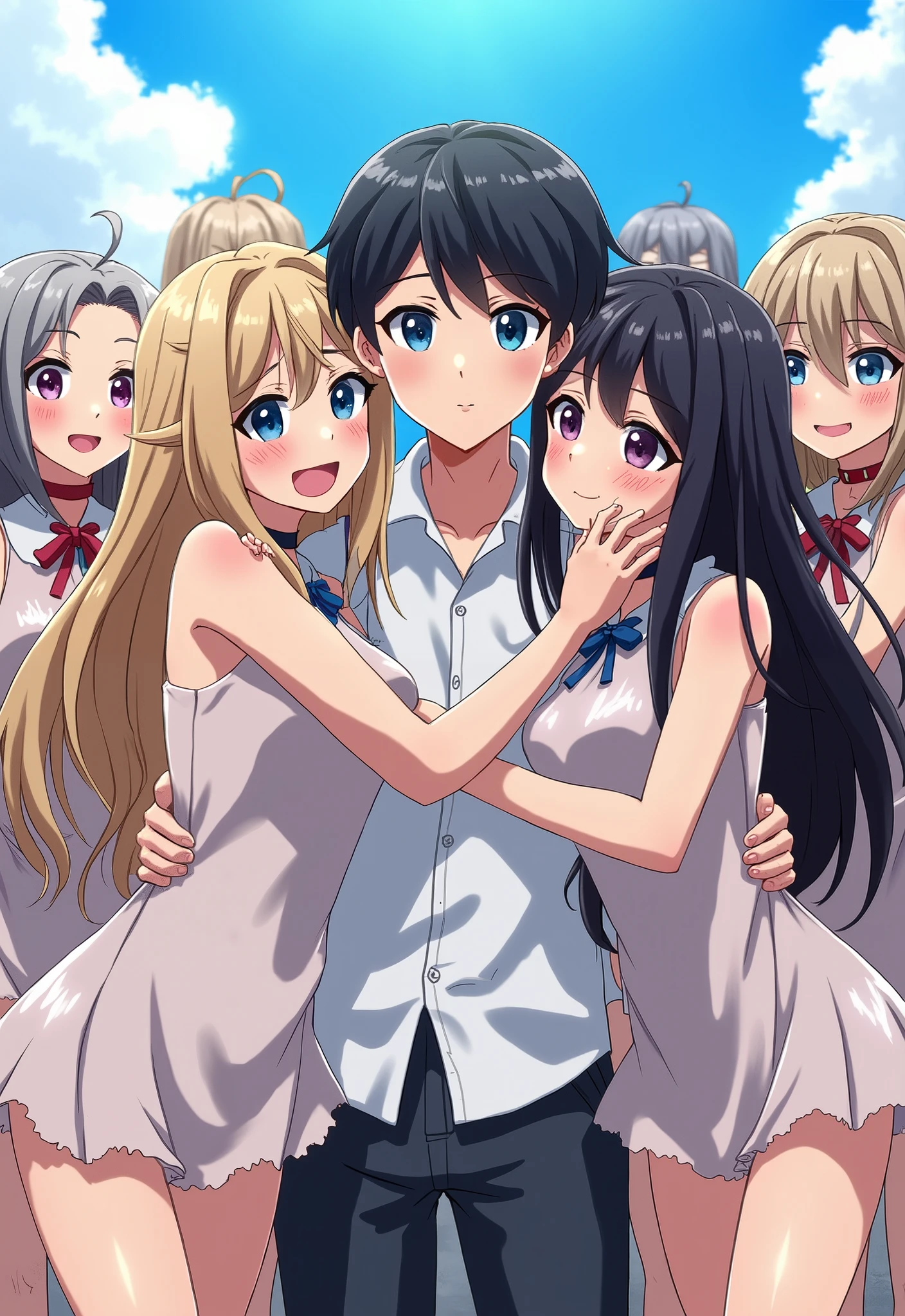 anime style, masterpiece、Highest Quality、Numerous awards、slightly naughty bright light novel cover image、a fresh male middle school student in the center, short black hair with waist, White short sleeve shirt Japanese student uniform, is shy、(Being Hugged from Both Sides by the Cutest Idol Girls), Tiny Girls、(Gently Wavy Light Blonde Long Hair with Blue Eyes and Big Breasts One person with a blue collar in a sheer lace mini dress),( Long Prince-Cut Black Hair with Big Breasts See-through Miniskirt with Red Collars in Slave Clothes), they both blush happily and smile, half open mouth 、BREAK, Surrounded by 6 Shy Busty Slave Girls, Everyone has long hair、blonde or black hair, White Slave Suit with Thin Breasts See-through、((All Girls Wear Collars))、Blue Sky and Nyudo Clouds、Distant view、 wide angle view、nsfw