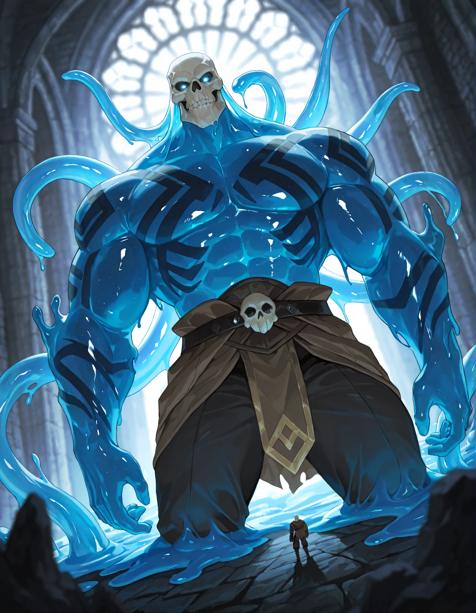 Expressiveh, cold stare, solo male, hungry, score_9, score_8_up, score_7_up, slime short hair, body made of slime, muscular, giant, goliath, slime of a brilliant turquoise blue tone, source_anime, haughty, slime in a form of a man, dark buggy pants, athletic, human like slime, goliath, stone skin, body tattoo, skeleton skull head, tentacles from the head, humanoid slime with a gelatinous shape, slime maintains a humanoid figure, athletic, powerfull, transparent body, capable of changing shape at will, glowing eyes, with a wise and calm look, reflects his maturity and experience, moves with a unique elegance, as if it were floating and gliding through the air, front view, calm expression, medieval fantasy, dungeon background, dramatic lighting, detailed background, depth of field, dynamic pose, detailed background, dynamic composition, dutch angle, detailed backgroud, muscular confidence gesture,