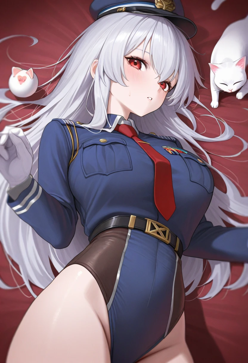 masterpiece,best quality,ultra detailed,8k,solo,girl,17 years old,medium breasts,(dark skinned:1.4),sanpaku,short hair,white hair ,(droopy dog ears:1.1),dog tail,green eyes,(smile:1.4),happy,blush,long tongue,ffrown military uniform,blue jacket,long sleeves,blue skirt,miniskirt,thighhighs,blackpanties,lying,paw pose,in the bed,