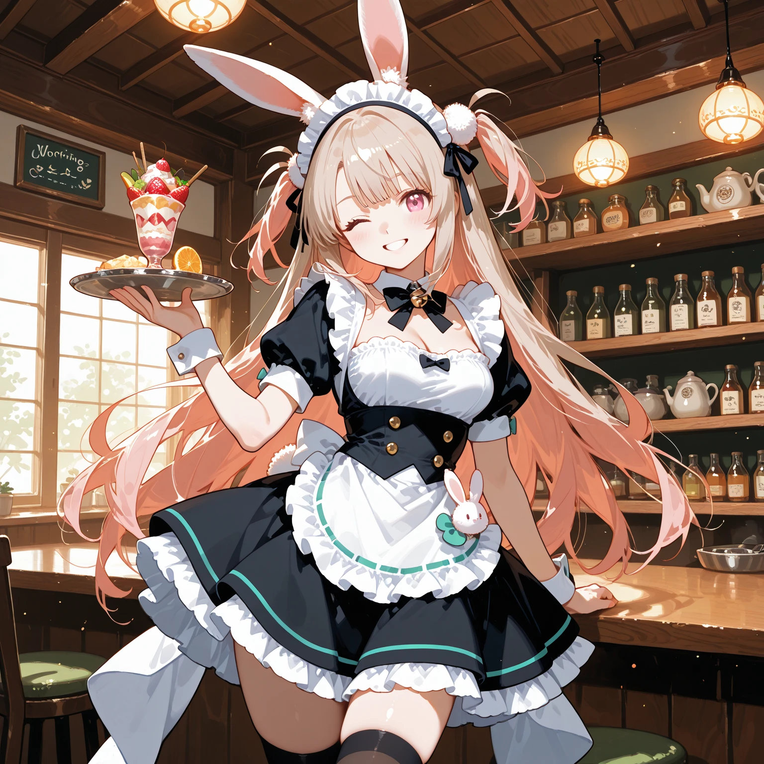 masterpiece, 1girl, rabbit ears, maid outfit, holding tray,indoors, restaurant, smile, thighs, happy, (himiko toga:0.9), ultra detailed, beautiful body, beautiful face, blonde hair, short hair, iwanaga kotoko, cute, good anatomy, highest quality, fullbody, standing, sweet