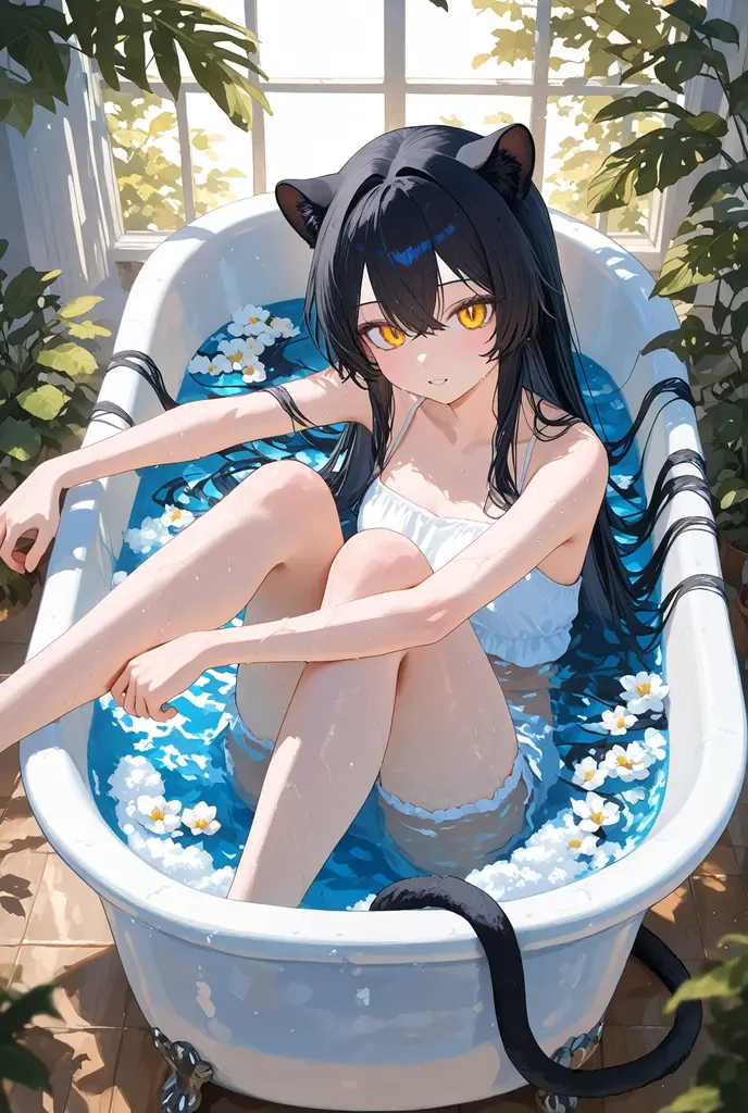 score_9,score_8_up,score_7_up, sierra, a young nerdy Anthro furry wolf woman, white furry body, tall, awkward, long black messy hair, hair covering one eye, long black hair, (wet hair, wet furry body):1.3, blue eyes, small breasts, white wolf tail, naked, sitting in a bathtub, taking a bubble bath, soapy water, lounging in the water, lying on her back in the bathtub, submerged in soapy water, one leg up, feet paws, 4 toes, smirking, in a bathroom, side view, seductive pose,