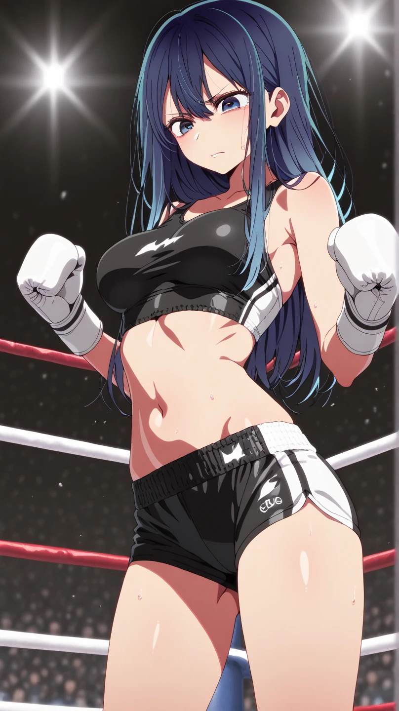 ((masterpiece)),((best quality)),(ultra-detailed),(an extremely delicate and beautiful),detailed backgroud, ((((1woman,tall stature)))and(((1muscular boy,tall stature)))),((((hetero)))),(height difference),(((wrestling ring))), (1woman),((((silver wolf/(Honkai:star rail/)))),(curvy:1.4),(huge breasts), pale skin,shiny skin, long hair,ponytail ,drill hair,hair between eyes, eyewear on head, navel, midriff,((She wears jacket, black jacket, sunglasses, gloves, black gloves, fingerless gloves, shorts,black shorts, shirt, white shirt, choker, crop top, fur trim)),(rolling eyes:1.4),(ahegao),(trembling),clothing aside, ((((hug from behind)))), sex from behind, standing sex, ((((motion lines)))), vulgarity, clothed,(cum in pussy:1.4),cum on clothes,cum on breasts,cum in mouth,cum on hair,(excessive cum:1.4), ((((1muscular boy)))),large penis,dark-skinned muscular boy,interracial,