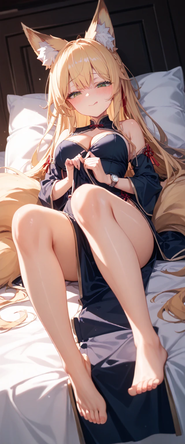 debris flies, highest quality, Highly detailed CG Unity 8K wallpaper, sexy witch , Long length hair、Dark blonde wavy hair、off shoulder knit, dark blue pleated skirt, stockings、medium breasts, saggy breasts, Pose that emphasizes the chest, blush, shy smile, bare shoulders, (((lift up the skirt with both hands、open your legs wide、please open your knees)))、、nice magic book、church bed、lying in bed、、pink panties、pink good
