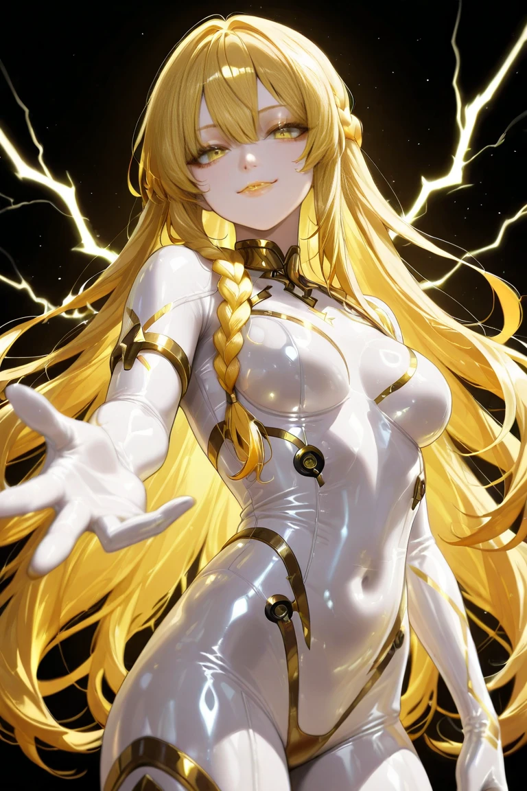 ((closed_eyes, entranced)), anime screen shot,((flying)), sexy_pose, fate testarossa(nanoha), 1girl, solo, 19yo, glamorous, yellow-blonde hair, bangs, long hair, (red eyes), gigantic_tits, huge_hips, completely_nude, ((((yellow glowing_body:1.3, yellow glowing_bodyskin:1.3, white glowing_bodyskin:1.3, yellow glowing_nude:1.3, yellow glowing nude_only:1.3)))), ((transformation scene, yellow luminous dimension)), ((thunder_effect:1.3)),