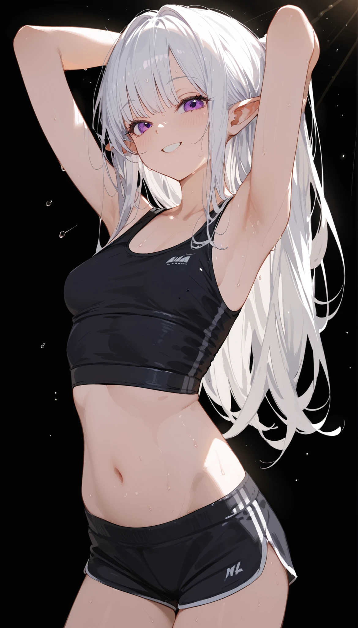 (Pure and simple, sporty style, black background, white haired girl, red eyes\], sports bras, sports shorts, vista, tsundere emoji)
