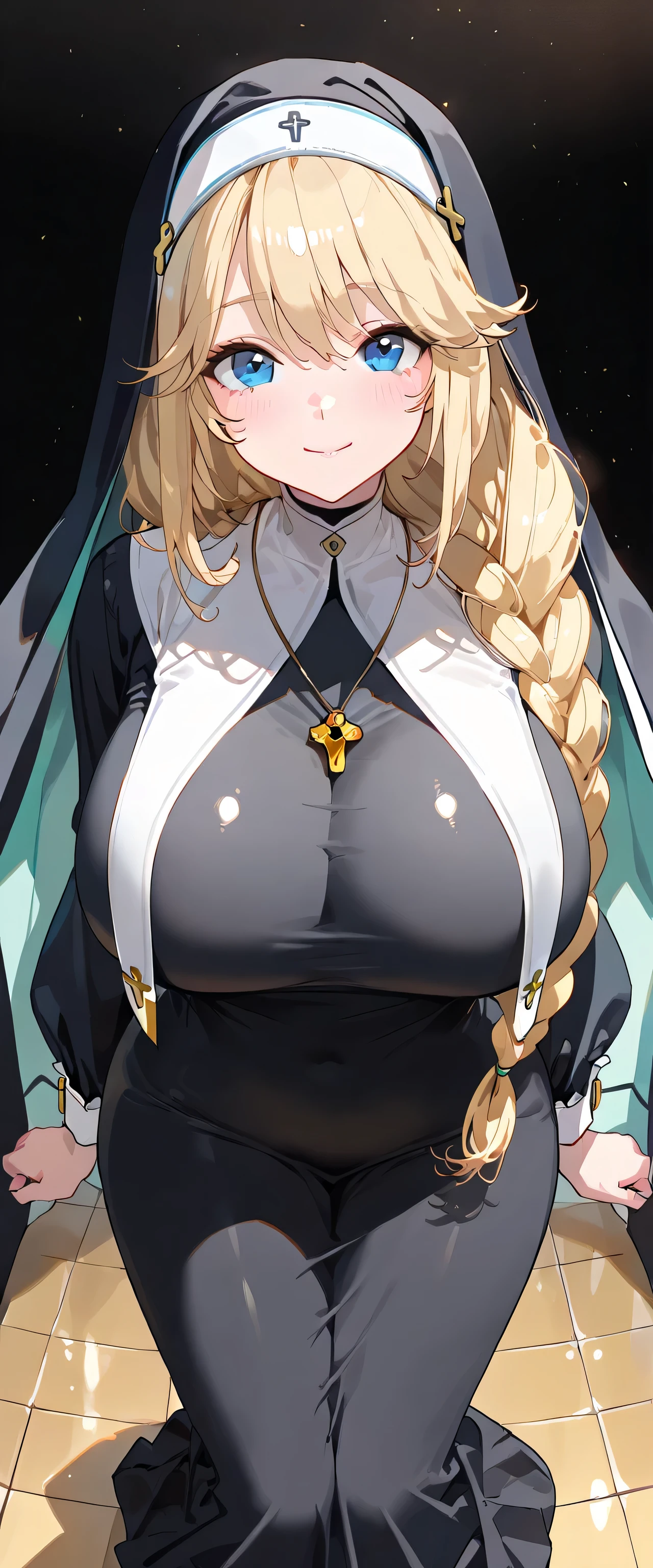 最high quality, 8k, High resolution, high quality, masterpiece, beautiful, (Anatomically correct:1.2), 10 generations, A beautiful woman, Silky pale blonde, , Short Bob Hair, Straight bangs, Green Eyes, thread, Beautiful Skin, Attractive person, (Big Breasts), younger sister, (Black monastic vestments), Black Veil, Church Confession Room, One girl, smile, vapor,