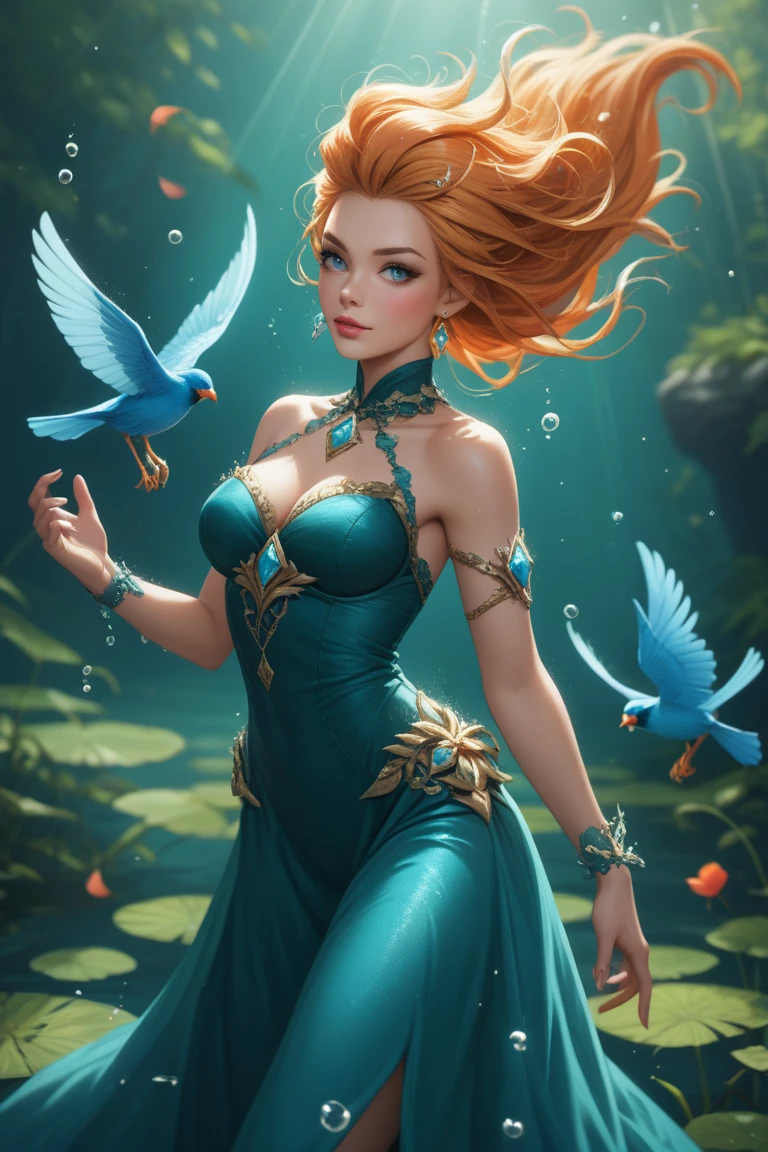 fantastic realism, masterpiece, super detailed, 1 beautiful girl, hugging a giant peacock, plain, background lake, detailed background, (top quality, Alessandro Casa Grande, Greg Rutkowski, Sally Mann, concept art, 4k),