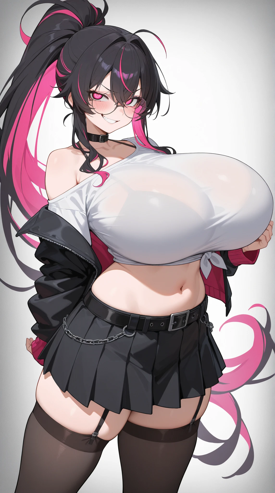 score_9, score_8_up, source_アニメ,kamado nezuko, black hair, pink eyes, pink hair ribbon, two-tone hair,,stockings,High leg,latex,tie,garter belt,Reverse Bunny Suit,,shame,gigantic Breasts,