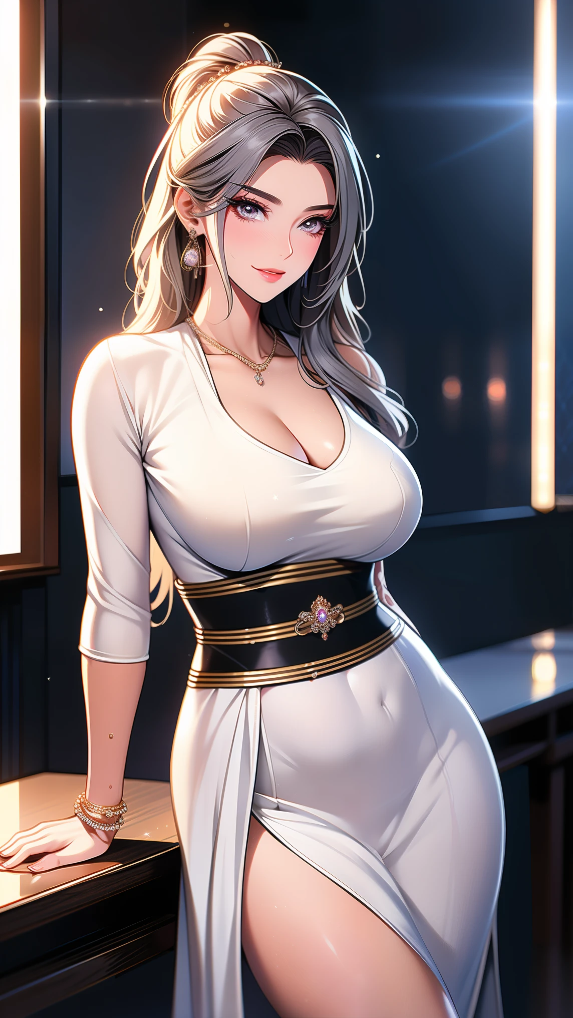 masterpiece,best quality,absurdres,photorealistic,mature female,sagging breasts,<lora:youwei:0.6>,large_breasts,long_hair,brown_eyes,cleavage,collarbone,silver hair,