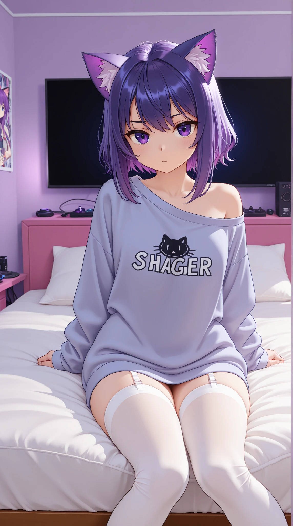 Single boy, Anime boy, Short, Long white hair, wolf ears, has wolf tail, blue eyes, wearing short denim shorts, thigh high fishnets, oversized cropped hoodie, solo boy, only one boy) solo, alone, (SOLO)(ALONE) thicc thighs, wide hips, blue eyes, perfect eyes, perfect face, wearing pink lip gloss, happy, curvy, sparkly blue eyes, wearing large round glasses, solo male, on bed, surrounded by stuffed animal plushies, kawaii, has a feint pink aura, has long hair