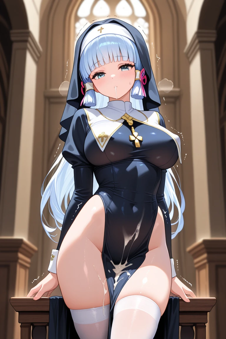 1girl, (angry), white hair, ((hourglass figure)), black tights, (from below), looking at viewer, ((thick thighs)), ((pussy)), ((lingerie)), ((black lingerie)), ((naked breasts)), (nipples)