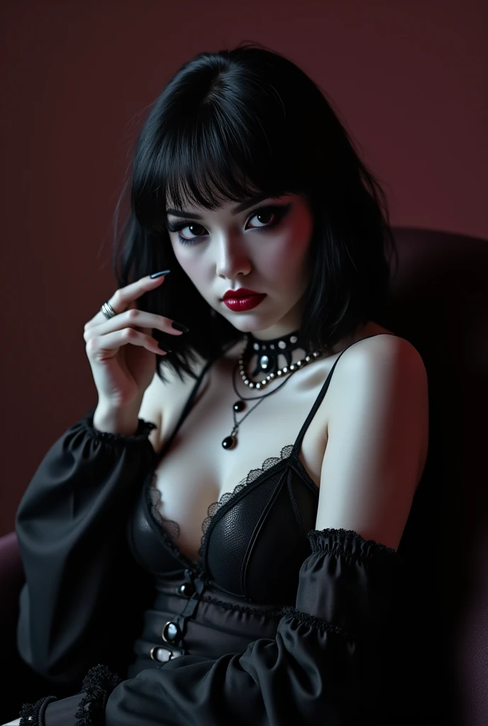 (generate a slutty apostle, gigantic breast, wear luxury made of spell written straps dress, messy hair, sit on scary skull chair, hand on hips), (scary skull table and flower vase), (magic potion bottle), (candle on skull on table), (show cleaveage), (show underboobs) ,((show sideboobs)), (show thigh with wiccan tattoo), (detailed scary skull hairpin), detail scary skull flower background, beautifull jewish chinese face, pretty face, beautiful eyes, beautiful nose, sexy lips, raytracing, beautiful fingers, beautiful hands, sexy belly, sexy body, sexy shoulders, sexy legs, sexy hips, (scary skull bracelet), (scary skullring), (scary skull necklace), beautifull nails , blue eye, perfect hand, perfect fingers, white skin, full body picture, gothic makeup, dramatic good lighting, realistic shadow, professional photography, 4k resolution, perfect anatomy, nsfw
