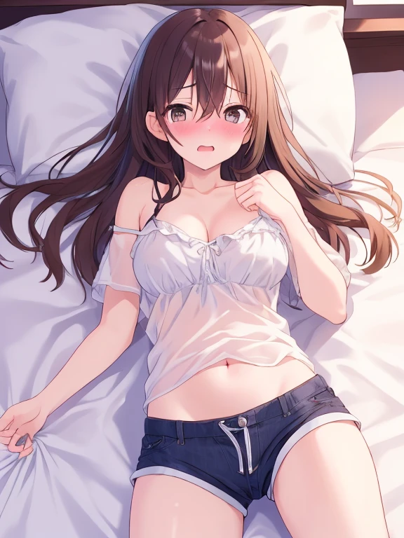 Anime girl in bed with a miniskirt showing her vagina without a shirt naked please bor