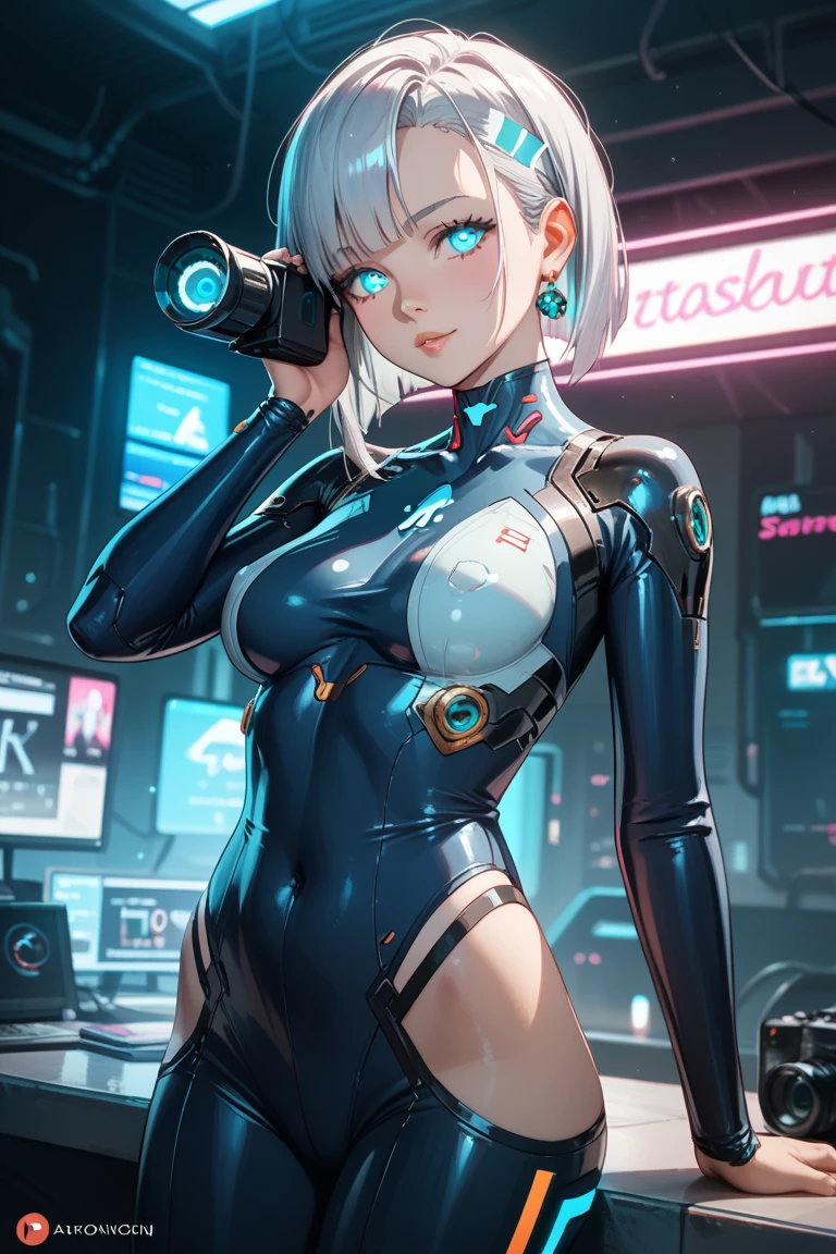 1girl, bangs, white hair, blue eyes, fashi-girl,bob cut,short hair, cleavage, collarbone, open jacket,mecha,cyberpunk,neon lights,large breasts,mature female,shiny skin,rain,water drop,badass,alluring,mecha musume,ghost in the shell,red lips,looking to the side,closed mouth,headphones,cinematic lighting