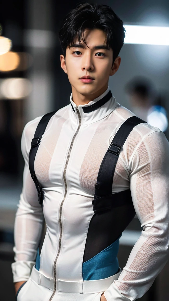 Japanese muscular male model, handsome, cool, perfect body, big muscles, short hair, white skin, wears flowing see-through clothes, wearing see-through thong, big bulge, sexy poses, catwalk, led lights, fashion show, crowded