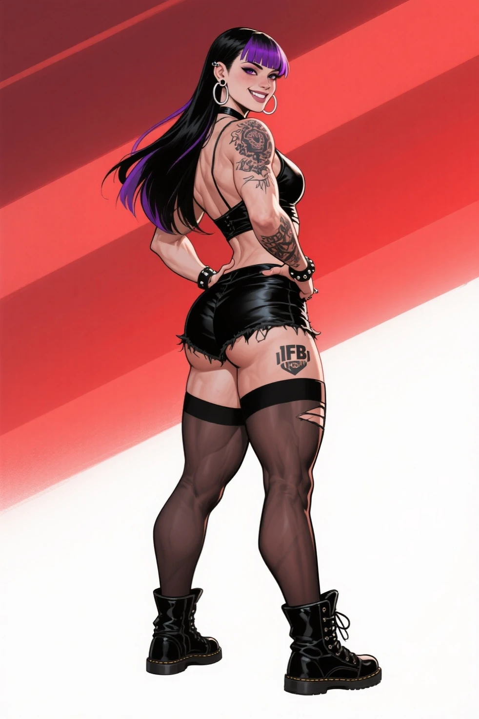 Single Anime female, Short, wolf tail, blue eyes, (wide hips:1.4), wearing short denim shorts, thigh high fishnets, black combat boots, wearing fur lined open pink jacket, flat chest, super flat chest, wearing cropped t-shirt, solo thicc thighs, wide hips, blue eyes, perfect eyes, perfect face, (((wearing fishnets)))
