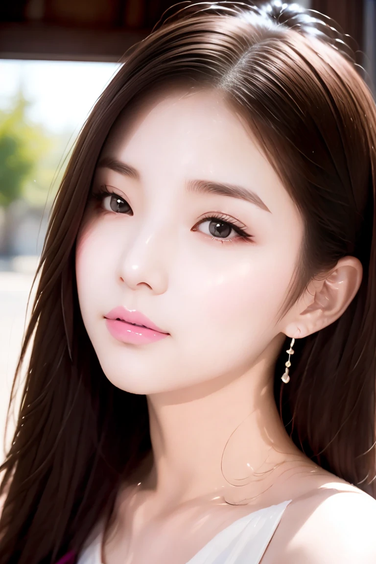 (24 year old lover), (big breasts:1.3), (random color tank top: 1.3), (maximum resolution: 1.4), (Super high quality: 1.2), cinematic light, Super high quality,My cheeks turned red:1.2、 (beautiful eyes and skin), (detailed facial features), nffsw, 8K resolution, perfect style, beautiful expression、Highly detailed face and skin texture、detailed eye、double eyelid、glitter eyeliner:1.2、shiny skin、pure white skin:1.8、white skin:1.8、red rouge、dark lipstick:1.2、shiny small earrings、glossy lips:1.2、((full body shot:1.2))、(straight hairstyles、light brown hair)、long hair、(ask for a kiss:1.3)