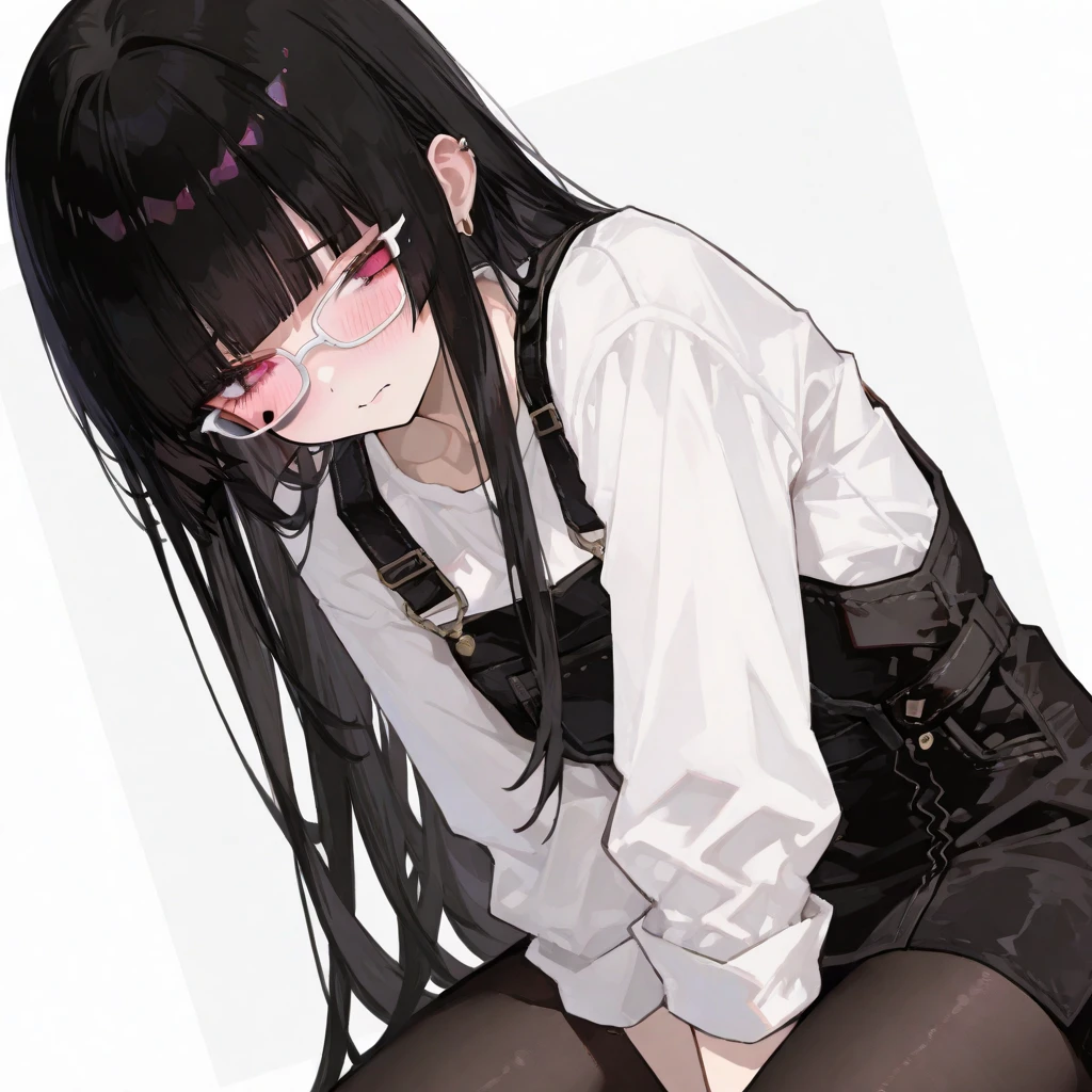 Woman in glasses、Intellectual、Embarrassed expression、Eyes closed、Gritting your teeth、Spreading her legs、F Cup、White T-shirt、Black Hair、No background、Background white