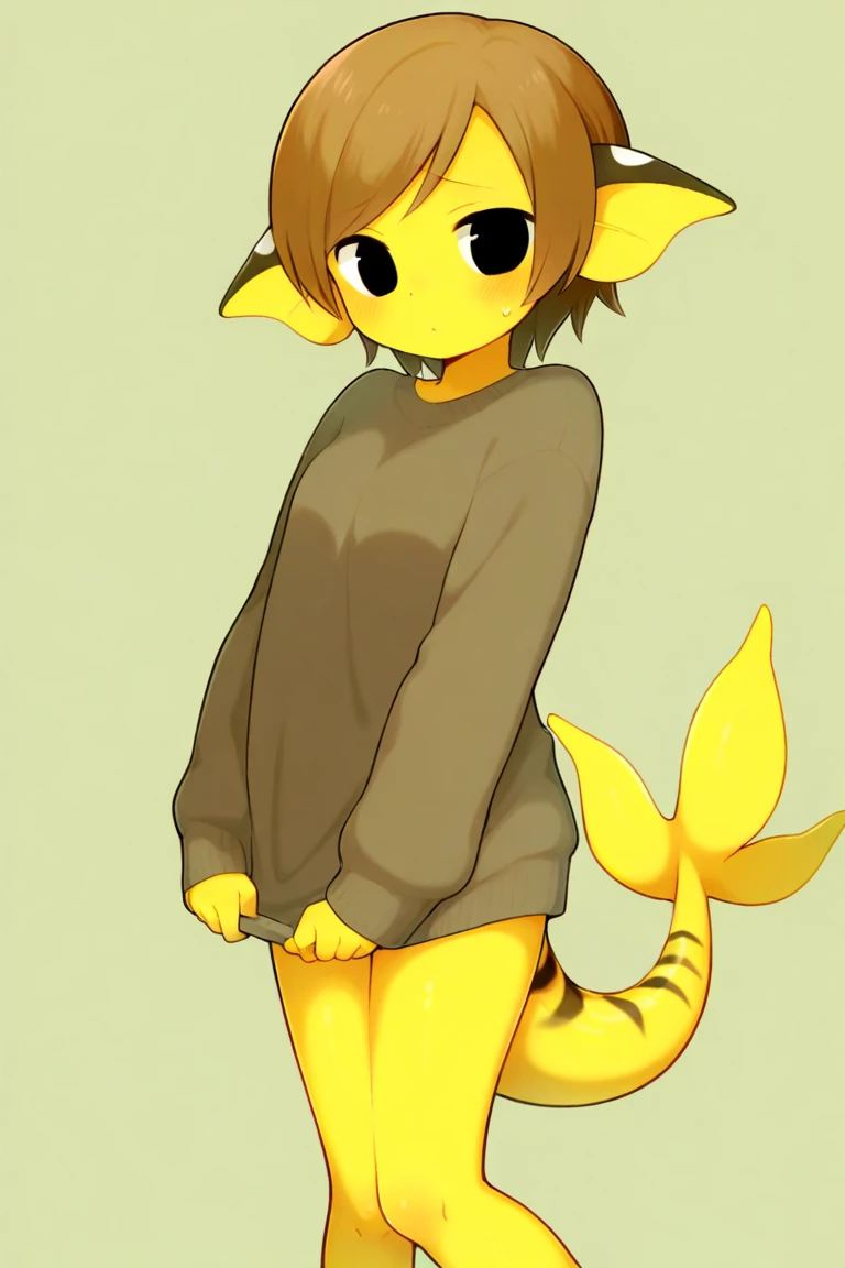 Yellow hair, Yellowish orange fur, long loose green hoodie, brown pants, female, neco arc, cat, wide hips, hourglass figure, cameltoe, small breasts, nipple outlines, bare hips, pants fly down, legs apart, looking down sheepishly, red blush, embarrassed smile