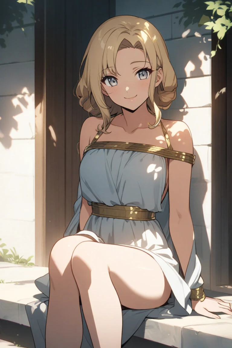 Masterpiece, 8k quality, highly detailed, one girl, ((blonde hair in a bun)), (off the shoulders white and gold goddess dress), ((small breast)), thick thighs, Roman pillars background, ((slightly chubby and plump)))