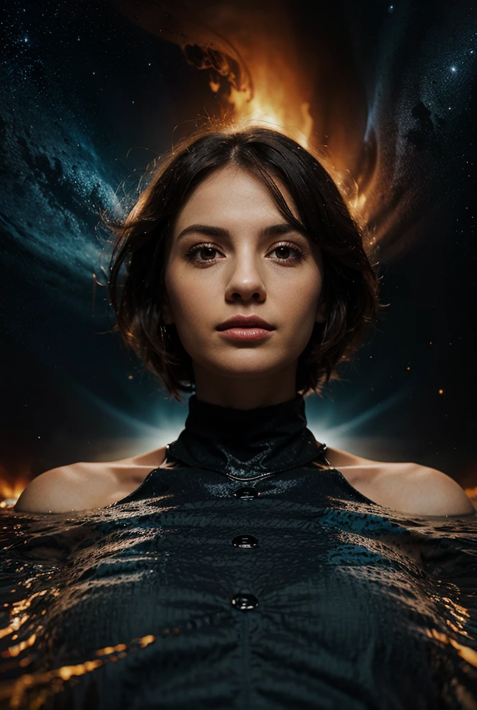(masterpiece, best quality, highres, high resolution:1.2), extremely detailed, realistic, intricate details, 1girl, solo, looking at viewer, (abstract art:1.3), (dark theme:1.2), art, stylized, deep shadow, dark theme, cosmic dress, cosmic beauty, in space, nebula, (cinematic lighting, bloom, volumetric),
