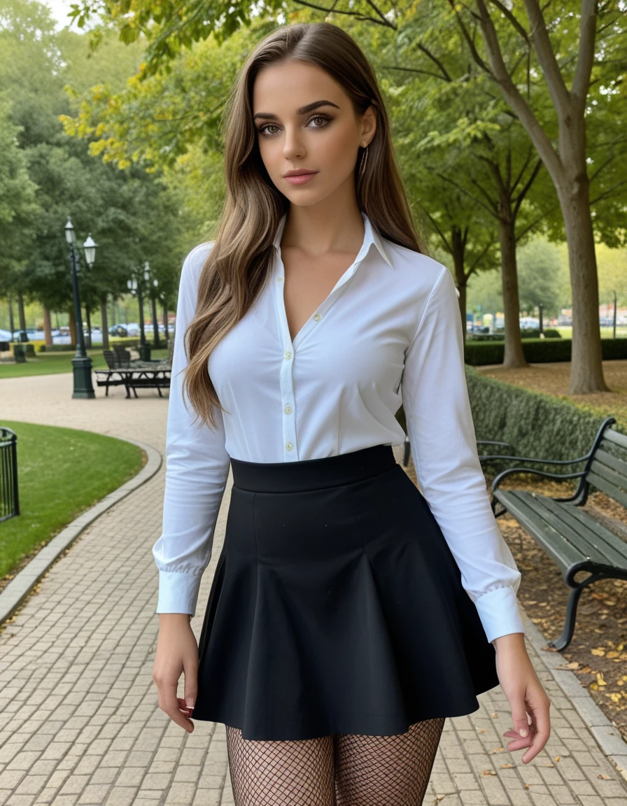 a 28-year-old woman, wearing a black mini skirt and a white shirt, assistant, slightly smiling, brunette, long brown hair, attractive red lips, beautiful thighs, medium breasts, wearing jewels, luxury mansion outdoor, looking at the camera, standing pose, capture to thighs