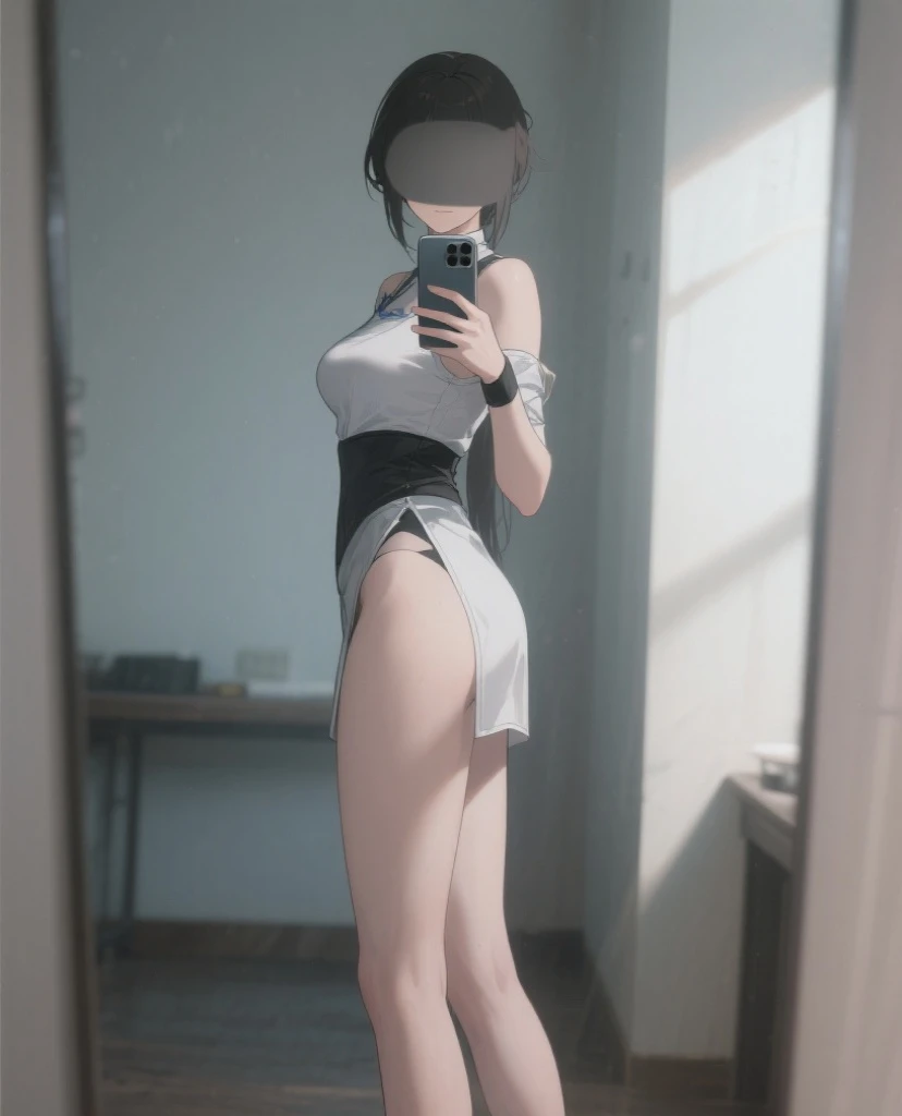 selfie in the mirror, covering her naked chest with hand, detailed face, beautiful eyes, beautiful lips, delicate skin, natural lighting, soft colors,8k, high resolution, detailed, elegant, beautiful, elegant, erotic, black panties, nsfw