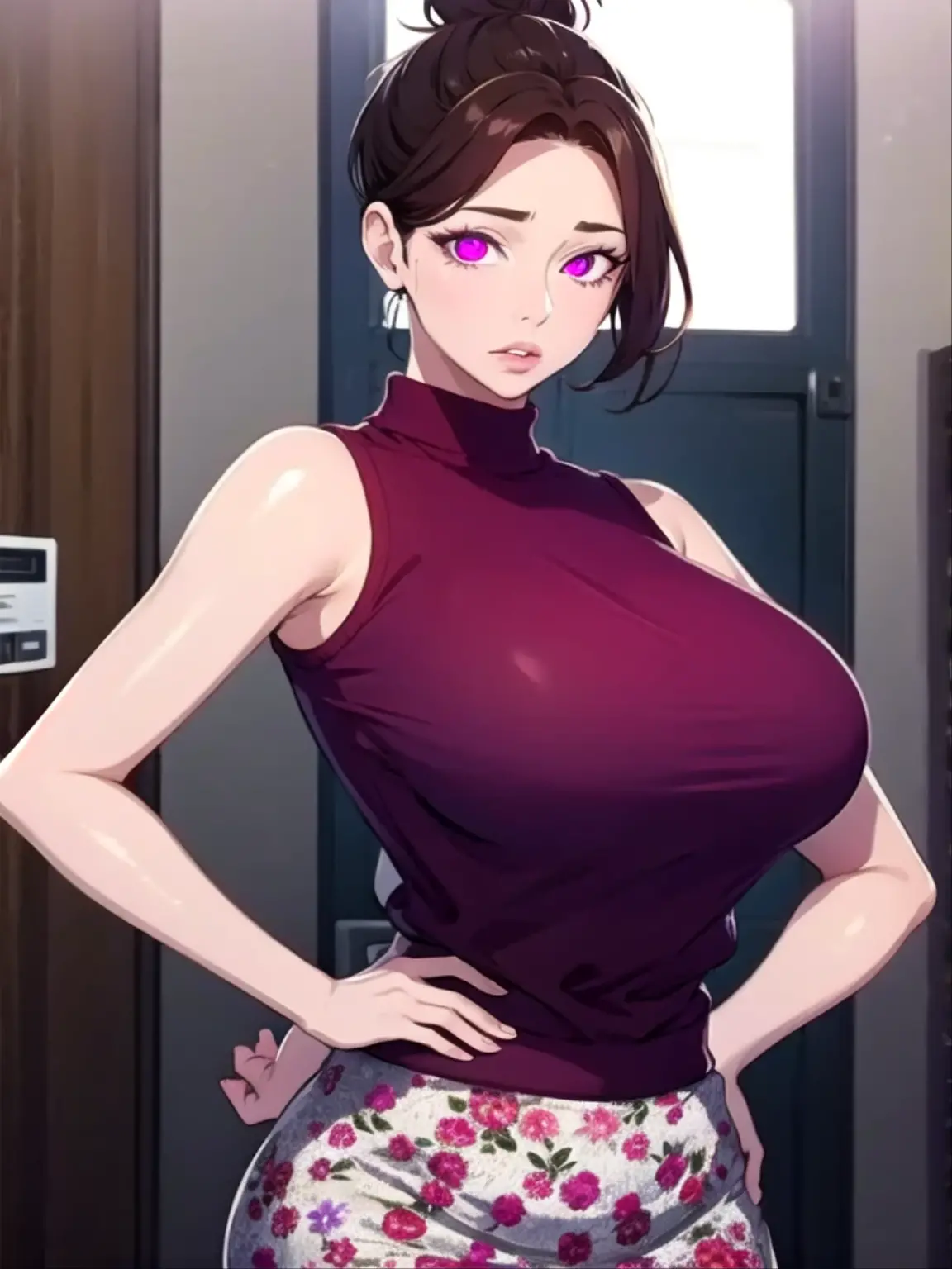 masterpiece:1.5, highest quality:1.5, beautiful, One girl, Side Lock, Cinema Lighting, Sharp focus,large chest , Mature Woman, ,16k, Glowing Eyes, Detailed 4K Eyes,
playground,lure,Sexy lips, Lips parted,Detailed lips, Detailed Background,((Big purple eyes)), Detailed face,Shiny skin,
Aunt Junev3,Aunt June,,Hair Bun, bangs, Messy Hair,
Pink Skirt, alone, Brown Hair, chest, No sleeve, View Viewer, large chest, Brown eyes, Holding, Floral Skirt, Exposing shoulders, indoor,Red sweater, short hair, I tucked in my sweater.,Hands on hips,