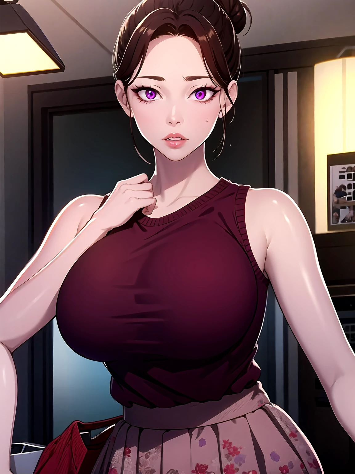 masterpiece:1.5, best quality:1.5, aesthetic, 1girl, sidelocks, cinematic lighting, sharp focus,large breasts , mature female, horny ,16k, glowing eyes, detailed 4k eyes, playground,seduction,sexy lips, parted lips,detailed lips, red lips, high detailed background,((big purple eyes)), detailed face,shiny skin, auntjunev3,auntjune,,hair bun, bangs, messy hair, solo, brown hair, breasts, sleeveless, looking at viewer, large breasts, bag, brown eyes, holding, bare shoulders, indoors, super tight shirt, cleavege, exposed breastes, sticking out tunge