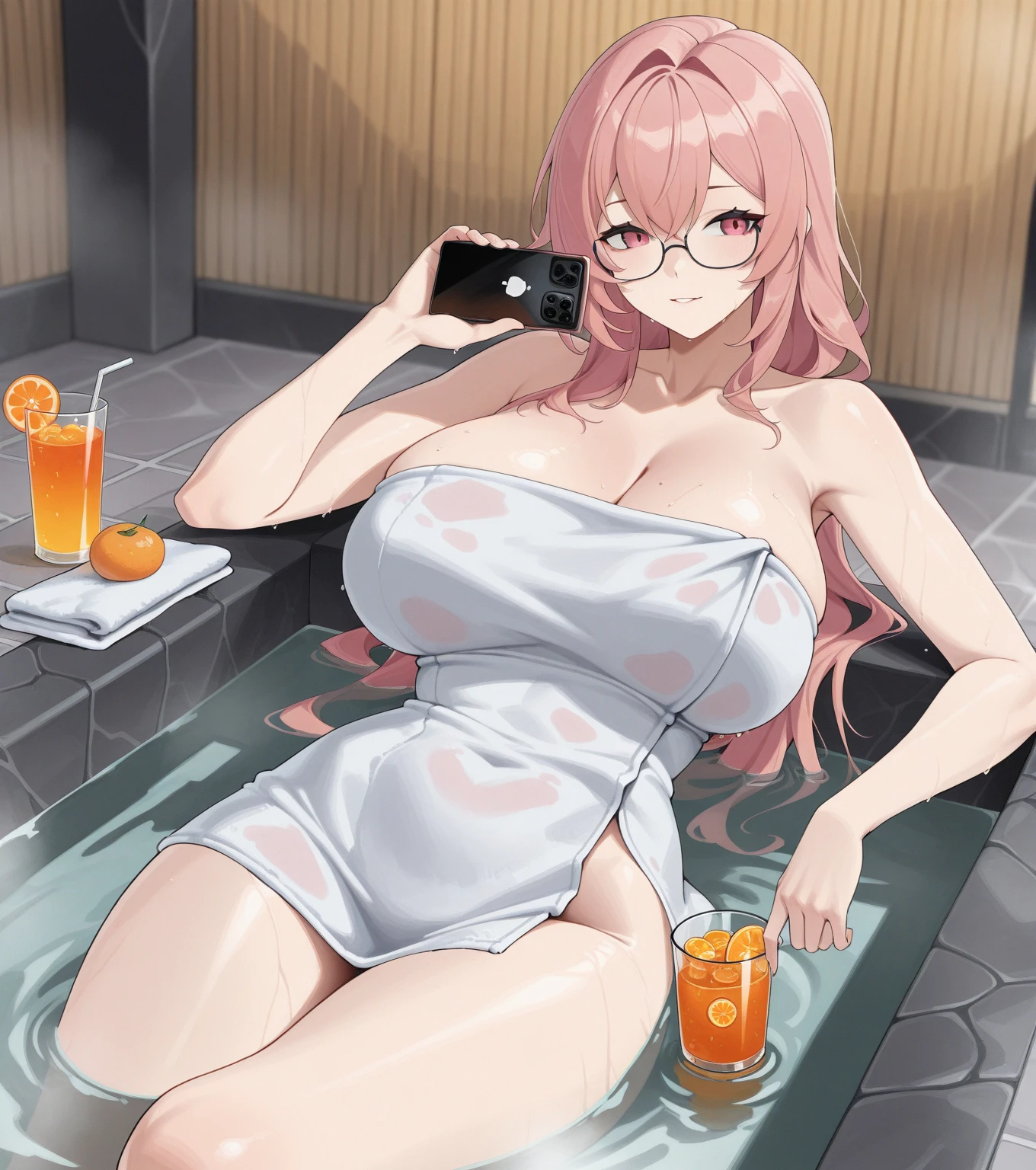 nsfw,beautiful girl,Anime Face,older sister,pink hime_cut,embarrassed,sagging breasts,gleaming skin,steam,(low quality,worst quality:1.4),extra limbs,missing limb,extra digit,fewer digit,missing digit,missing finger,fused fingers,mutated hands and fingers,1girl,sweat,sauna,Completely naked,blowjob face,oral invitation,from above,squatting,blowjob face,oral invitation,drooling,In bath towel