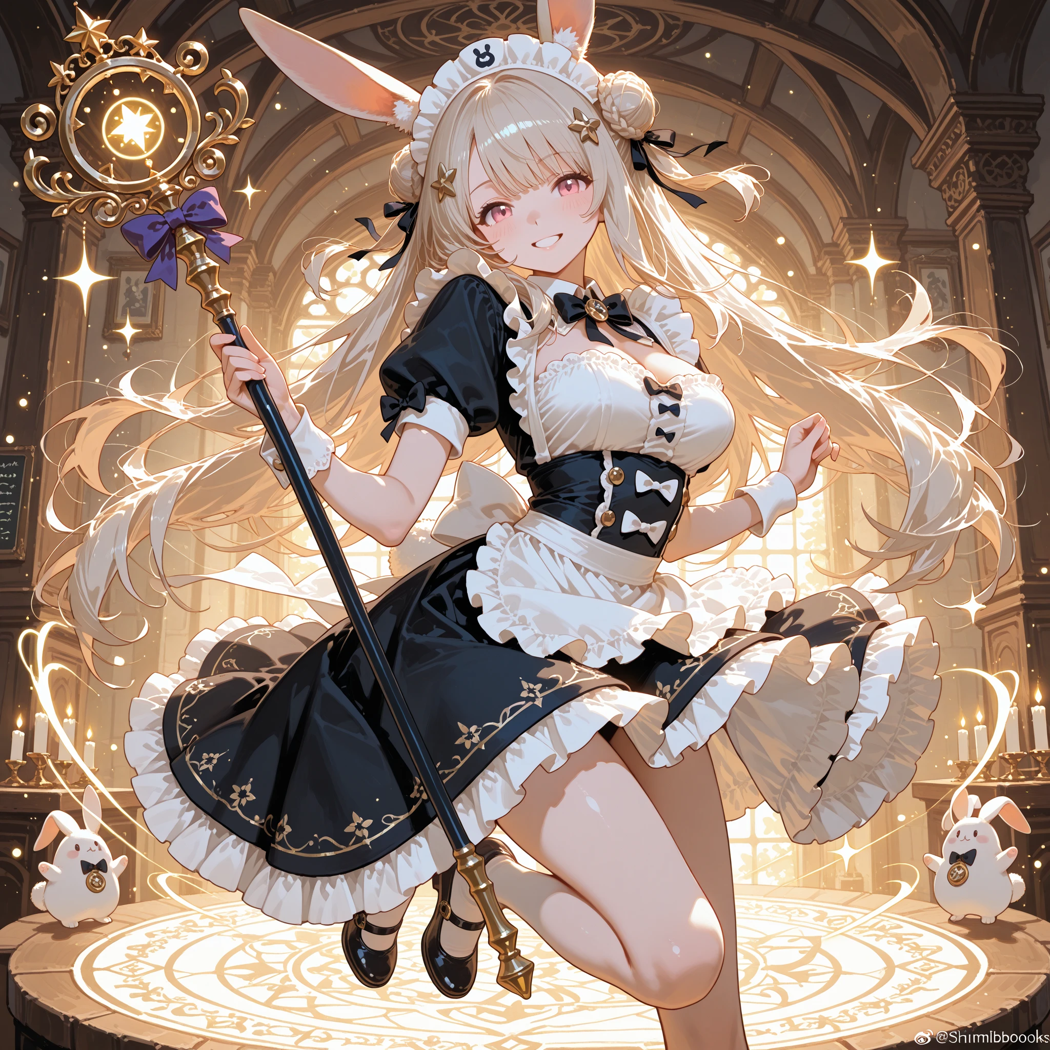 adorable rabbit，shinning armor，In steampunk style，Ram rabbit，2 small broken ears，wide blue eyes，Small black ears，A black eye，White Bunny Girl cosplay, Large round fluffy tail, Tattooed, Short hair with light brown wavy hair, Big sparkling red eyes, Abs, great proportion, A full-body shot, Kaleidoscope of background, 、anime big breast、, illustration, fanciful, Portrait、、, animification, A high resolution, HighestQuali, Extremely high image quality, the ultra-detailed, The ultra-realistice, photot-REALISTIC