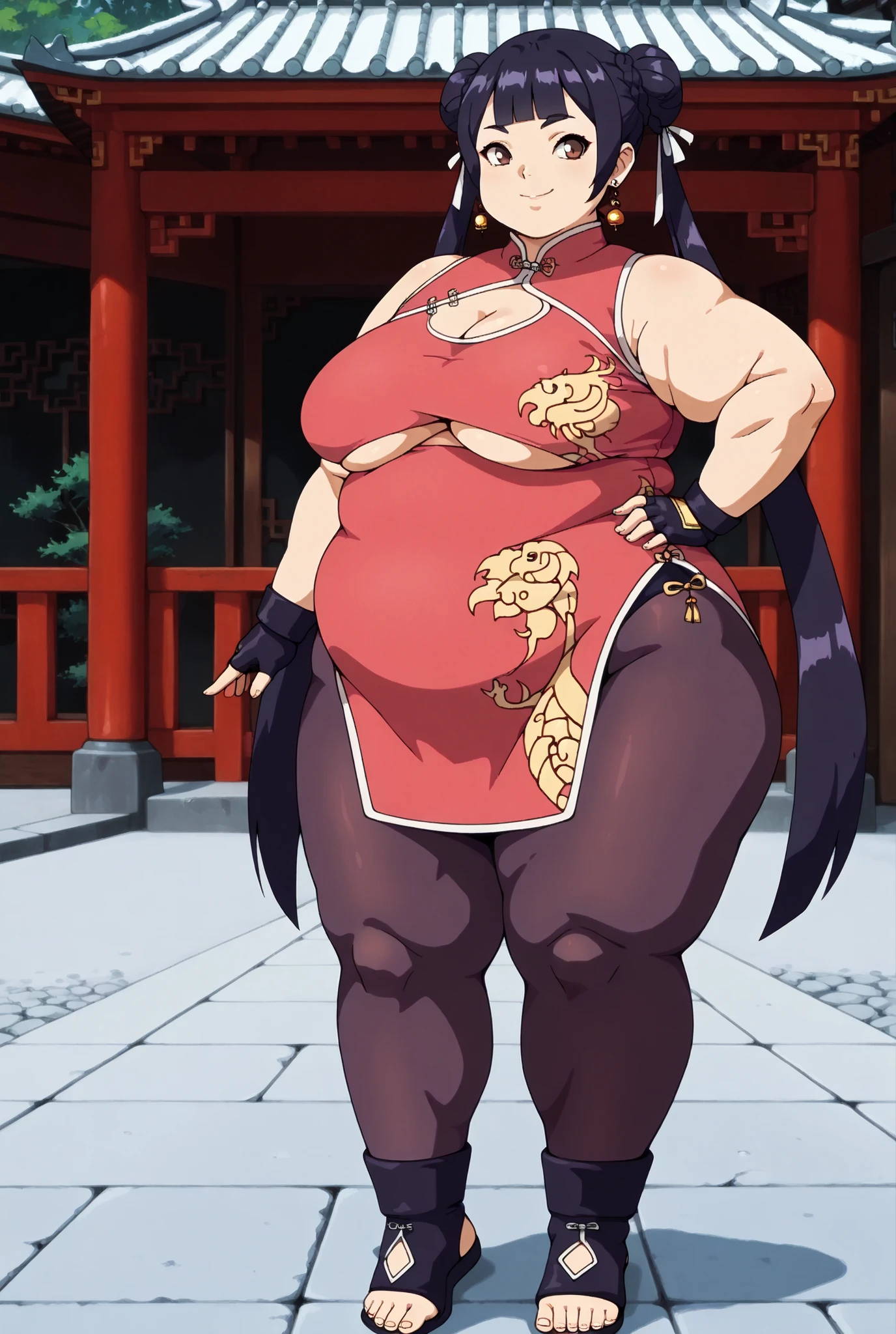 masterpiece, best quality, absurdres, highres, 1girl, solo, haylin, black hair, blunt bangs, ponytail, twin tails, very long hair, brown eyes ,braid, hair ribbon,earrings, purple Chinese dress, purple Chinese clothes, cleavage cutout, pantyhose, underboob, fingerless gloves, toeless legwear, smile, full body, outdoors