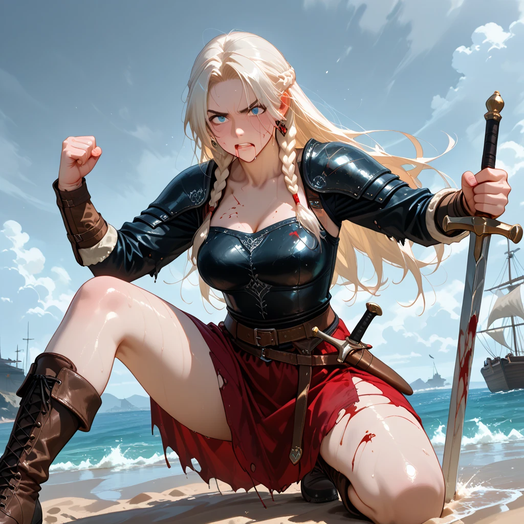 Portrait photo of a 20-year-old Viking woman, blonde hair and with braids on the sides. Finely detailed skin. Clothes with high neckline. .RAW. body fitness. (Photorealist 1.4). Menacing look. Sea as background. Distant photo. Armor. Blue eyes. Martins clothes, large breasts