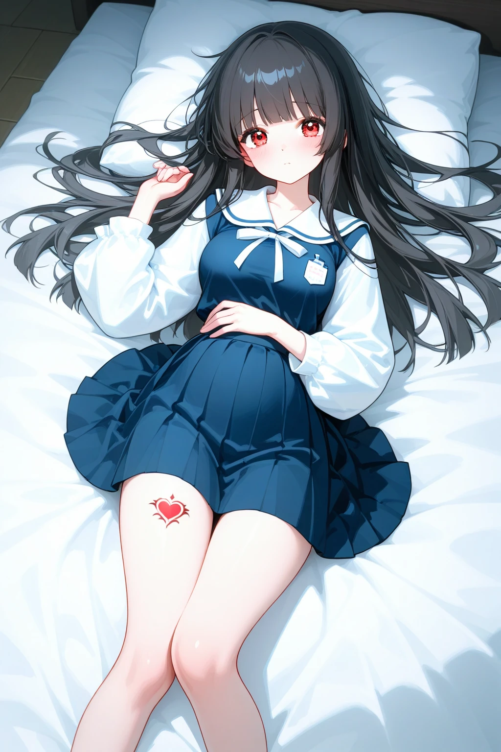 (child),(masterpiece,Top quality),sleeping in bed,Turquoise miniskirt with white plaid pattern,black hair,night,night景