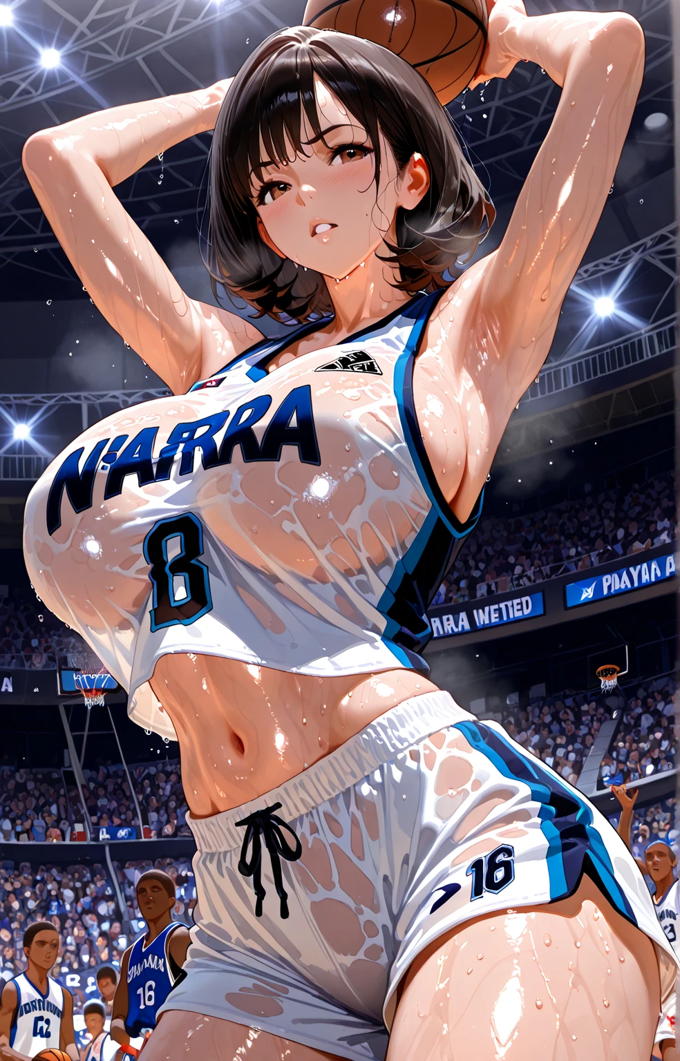 a close up of a person wearing a basketball uniform, a picture, inspired by Kentaro Miura, trending on pixiv, Kugisaki Nobara, Jujutsu Kaisen, wearing yellow nba jersey, yellow croptop nba jersey, wearing a low cut croptop, wearing croptop, croptop, the word "Lakers" on the croptop, golden raito, (winking), shirobako, large)}], favorite scene, fine details. anime. skins, sweating, big breasts, both hands raised, armpits, armpits visible, dripping with sweat, more more sweat, sweaty armpits