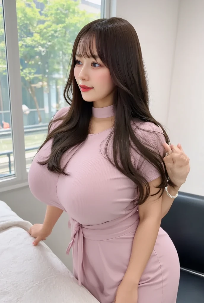 Beautiful, mother-in-law, korean, voluptuous, maxi knit dress, In the kitchen, seductive expression,