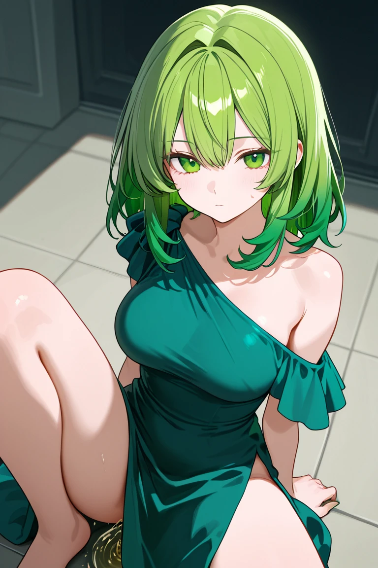 1 girl with green hair with blue locks green eyes wearing age 17 years beautiful big breasts