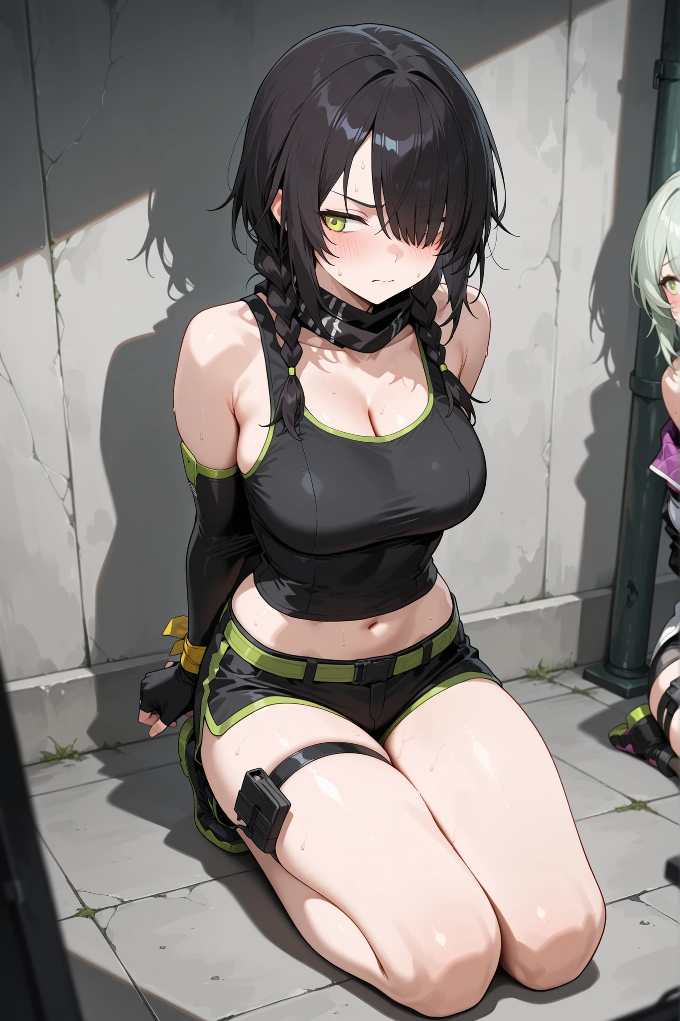 beautiful, masterpiece, best quality, perfect lighting, 1girl, solo, anime, green hair, short hair, hair between eyes, beautiful high detailed brown eyes, high detailed nose, open mouth, beautiful face, angry, medium breasts, athletic, wearing prison clothes, wide hips, detailed hands and fingers, brass knuckles right hand, boots, full shot, ghetto background, street lights, approaching police car