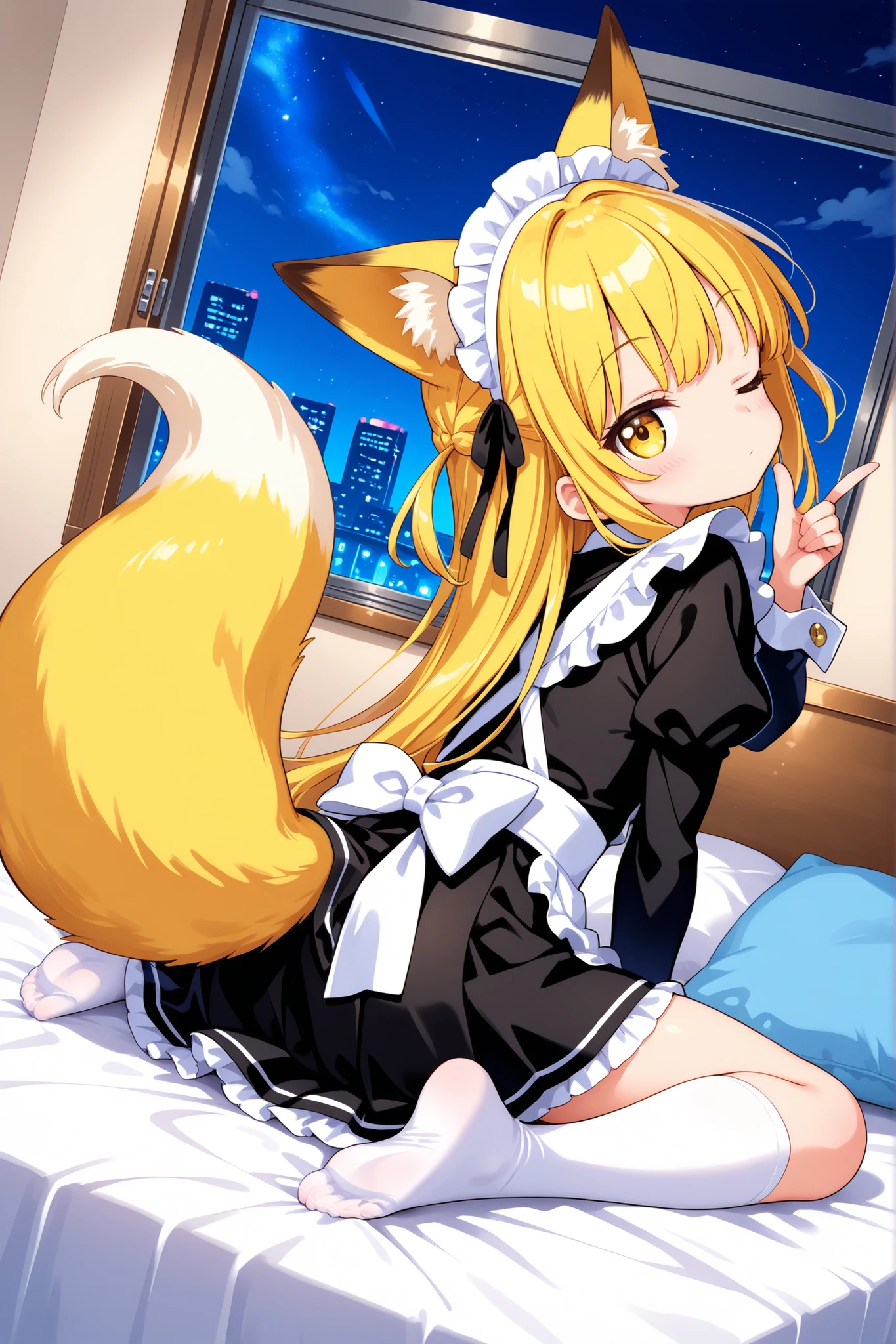 (masterpiece, Highest Quality), (colorful),One Girl,yellow long hair,yellow eyes, one eye closed,fox ears,fox tail,embarrassed,super precise illustration,  high detail , dynamic angle where the butt is all over,BEAUTIFUL DETAILS, 8k, (high resolution), anime style,cute maid,Maid Outfit,frills,Skirt,night,sitting on the bed、wariza,HER ROOM、from behind,bushy tail、