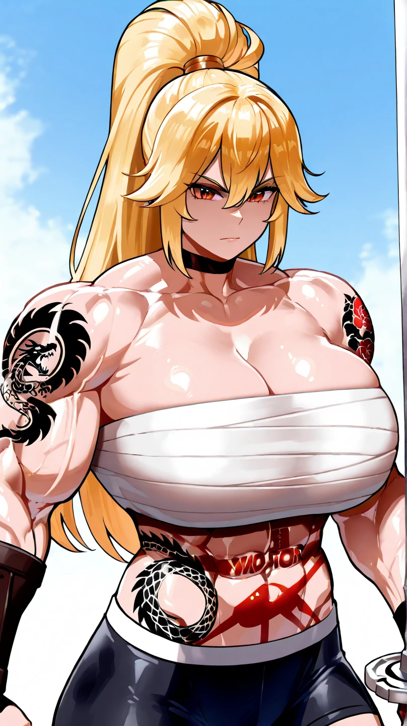 fkey, 1girl, amazon \(dragon's crown\), blonde hair, hairband, blue eyes, head tilt, medium breasts, wide hips, thick thighs, muscular female, armlet, loincloth, top, fur, abs, from below