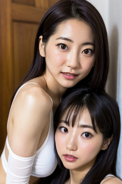 Japanese Mature Sisters、Front Angle、Stand upright、smile、nude、Caressing each other