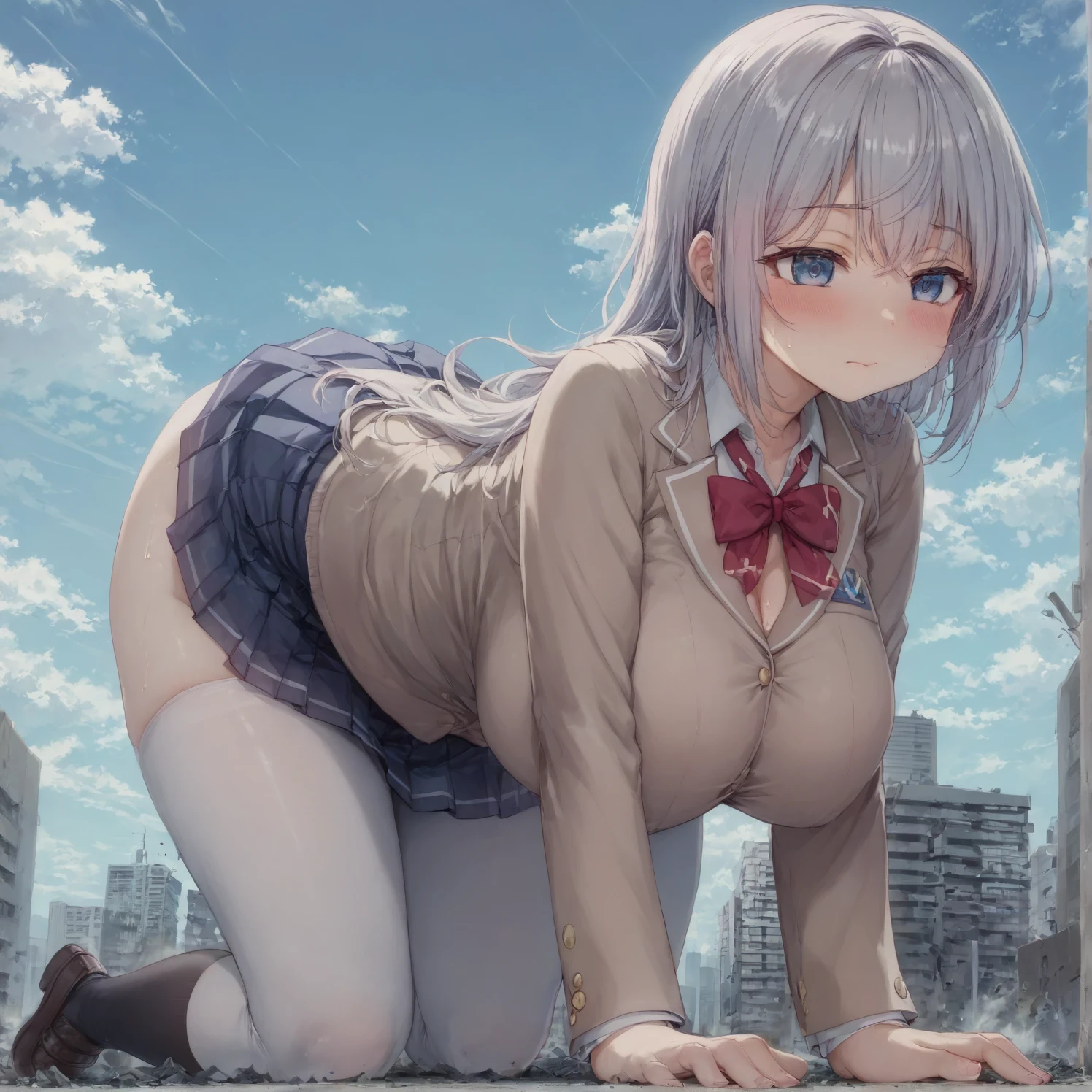 （Cute girl spreads her legs and rides a dildo machine:1.2 、Inserting a dildo into the vagina:1.2）、（Show your vagina:1.2、Semen flowing from the vagina:1.3）、（Ecstatic expression、Young face）、NSFW、（naked:1.2）、Sexualized Primary School Uniforms、Busy city、Silver Hair、Detailed body