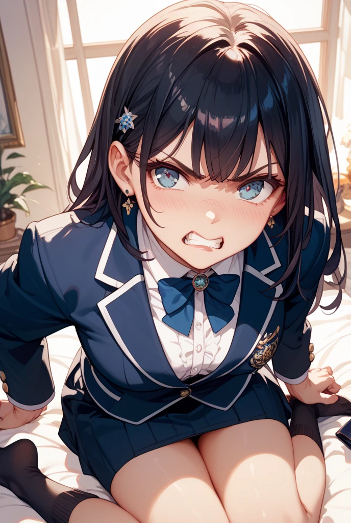 White lingerie、uniform、Open shirt、Unstable thoughts、Desire to dominate, pubic hair, NSFW、bed、Insertion state、Heavy breathing、Lots of sweat、Electric current runs、Anxiety and confusion、Abuse、Crying face、tears
