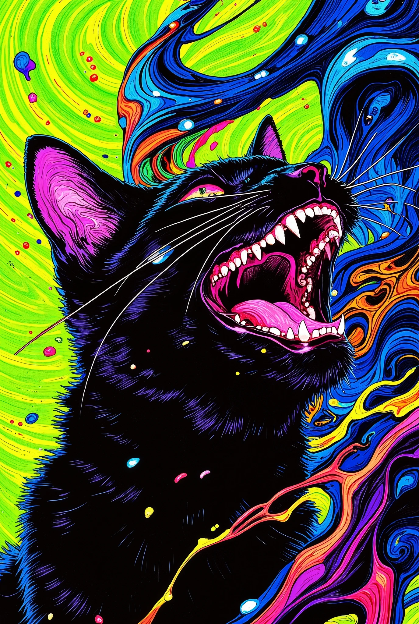 This digital work of art is a surreal, abstract image of a black cat in a moment of intense emotion. The cat's mouth is wide open, as if she is joyfully shouting: "Thank you, brother!!!", her smooth muzzle is partially hidden by bright, liquid-like paint. Flowing paint, consisting of bright electric pinks, neon greens, bright purples, bright oranges, and harsh blacks, flows down his coat, forming a chaotic swirl of colors that evokes a sense of movement and energy. The colors shimmer hypnotically on the glossy black fur of the cat, smoothly shifting to the neck and ears, which are also partially colored, which enhances the dynamism of the scene. The background is filled with swirling electric-blue spirals against a rich lemon-green background, creating a striking, energetic contrast. The spirals twist outward, enhancing the feeling of movement and intensity in the composition. The texture of the cat's fur remains visible under the paint, giving realism to the abstract chaos. Artificial lighting gives the paint a glossy, moist sheen, and subtle shadows emphasize the depth and volume of the drawing. Inspired by abstract expressionism, this work conveys a bold emotional intensity through dynamic shapes and vibrant colors, conveying a sense of unbridled energy and movement in a visually exciting and emotionally charged composition.