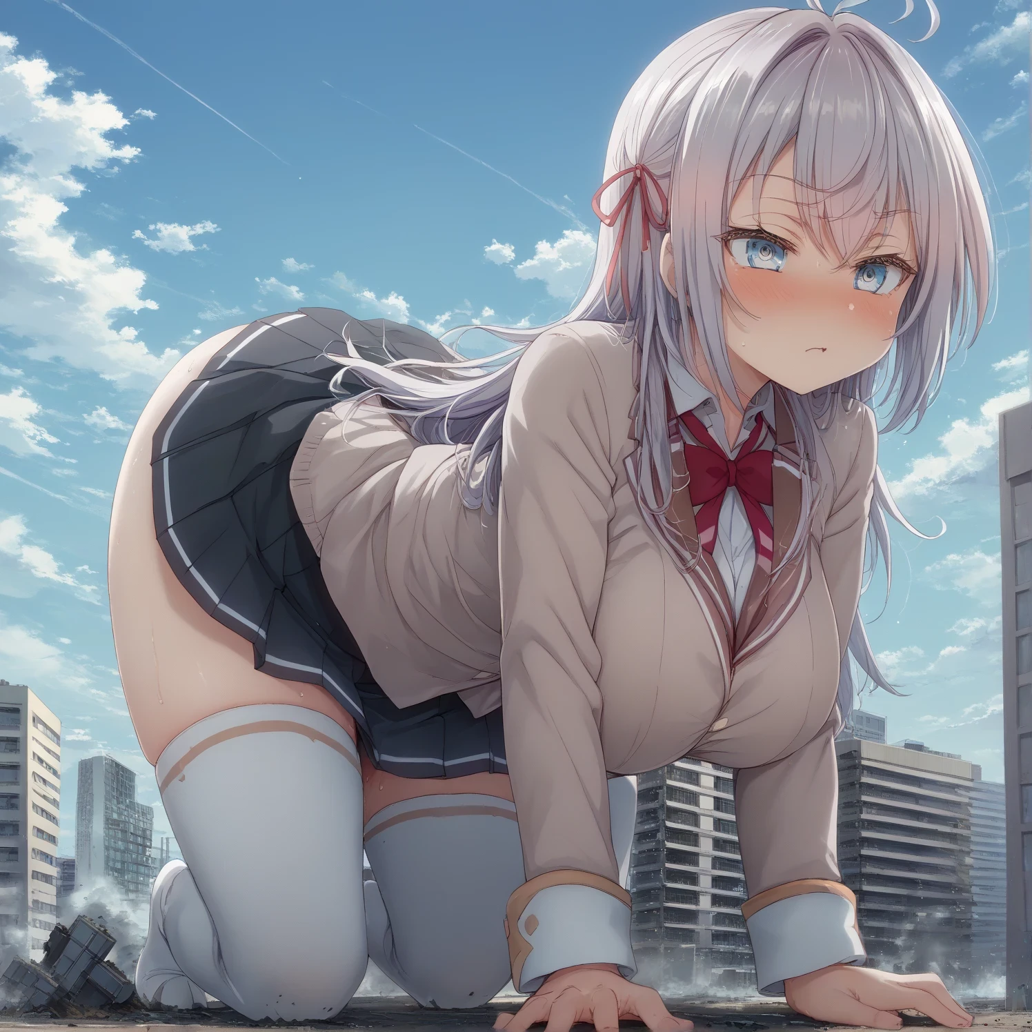 pieces fly、masterpiece、highest quality、Super detailed、High resolution、High resolution、8K portrait、Unity 8k壁紙のHigh resolutionCG、unity 8k wallpaper、cute type little:1.5、:1.5、Highly detailed CG unity 8k wallpaper、realistic、real person、cute type little、 portrait photography、shiny skin、High resolution、(16 years old:1.2)、(1 girl)、beautiful clear eyes、very detailed explanation、delicate face、nice lips、slender body、Middle milk is the same thin waist、thin legs、(city road:1.6)、1 girl, cute type, perfect face, seriously, (blush:1.5),(silver long hair:1.3),((there are many people nearby:1.4)),Middle milk is the same,((school uniform:1.2)),(((clothing lift:1.5))), (((I have nipples))), Detailed description vagina,show vagina,spread legs,spread ,(((Orgasm in the vagina:1.5)))