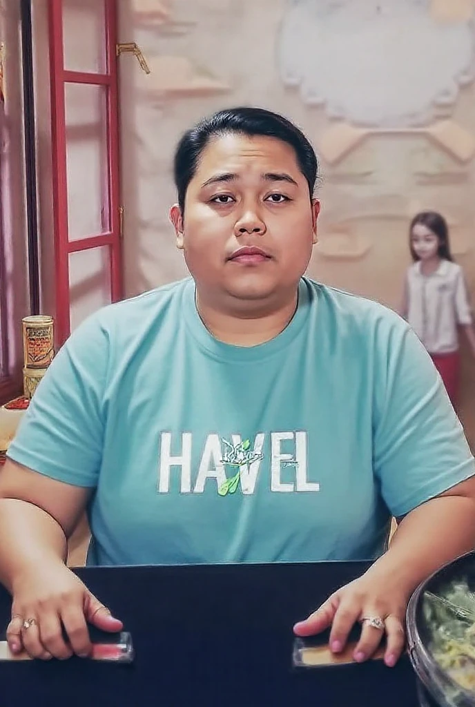Draw a picture of a 50 year old Indonesian man wearing glasses and a very fat, obese, bald head, being interviewed on a TV show with a serious expression on his face. He sat in a stylish chair, wearing a tailored suit to accentuate his muscular features. The backdrop is a modern TV studio with bright lights, a sleek desk, and a large screen displaying the show's logo behind it. The interviewer, holding the microphone, listened attentively to The Rock, who spoke in a focused and intense manner. Be sure to capture the detailed set design and serious, professional studio atmosphere.