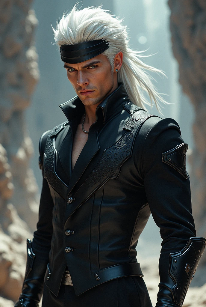 elf man, 25 years old,high, very long straight silver hair, silver eyes, wearing rascal clothes,  very androgynous, with a long red hood, black high boots, black leather pants and brown leather belt. fencing with a sword